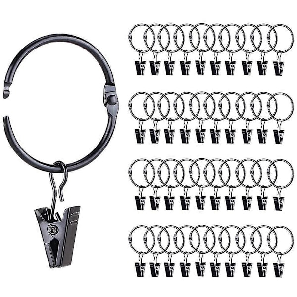 42-pack Öppningsbara gardinringar med klämmor, 1 tum innerdiameter, kraftiga rostfria dekorativa (FMY) Black