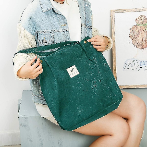 Kordväv Tote Bag för kvinnor flickor barn axelväska med innerficka shoppingväska  (FMY) Green
