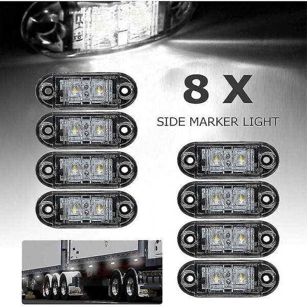 8 stk. LED Side Marker Lygter Positionslys Foran Bagside Lampe 12v 24v Universal Til Trailer Truck Caravan Van Bus Traktor, hvid, 12v  (FMY)