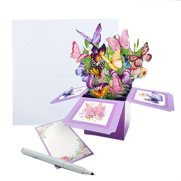 3D Fjärils Pop-Up Gratulationskort med Kuvert för Födelsedagar, Jubileum, Mors Dag - Handgjord Blommig Pappersbukett, Allt-i-Ett Överraskning (FMY) Purple