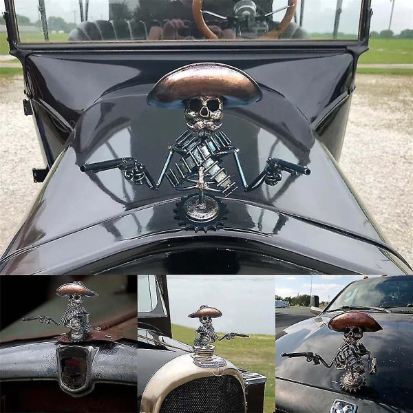 Cowboy Skull Gunslinger Hood Ornament, Cool Skelet Figurines Stilfulde Car Truck Hood Ornamenter Metal Skull Hood Figur Auto Car Decor (FMY)