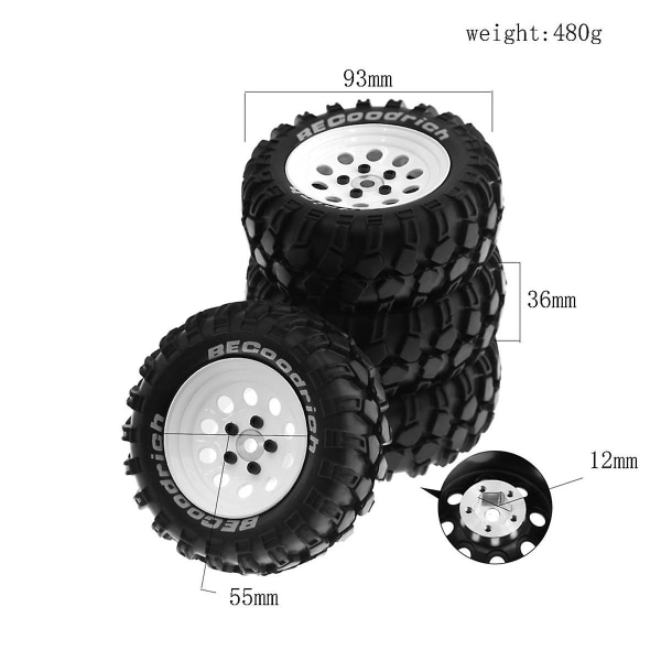 4 kpl 93 mm Metal 1.9 tuuman Beadlock-vanteet Kumirenkaat Sarja 1/10 RC-kiipeilyautolle, 10 reikää 12 mm A (FMY)