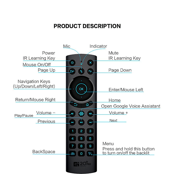 Wekity Bluetooth Stemmefjernbetjening, USB Trådløs Stemmebetjening Induktions Baggrundsbelysning Luftfjernbetjening til Nvidia Shield, PC, Smart TV (G20S  (FMY)