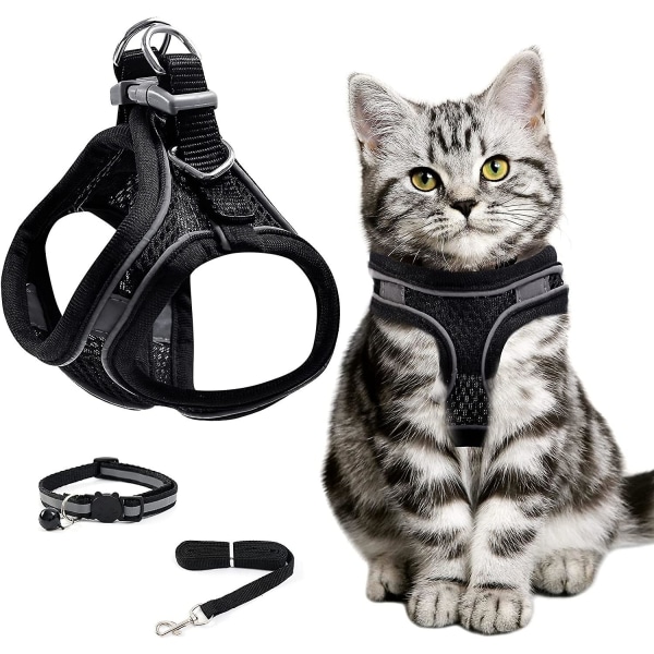 Pustende og justerbar kattesele - Kattebånd med refleks - Halsbånd, seler og bånd for katter og små hunder - Svart (xs) (FMY)