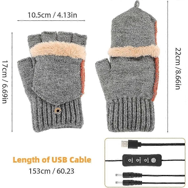 1 par USB-opvarmede handsker, opvarmede vinterhandsker med 3 temperaturindstillinger, vinterhandsker til varme hænder til laptop (FMY) Deep Gray