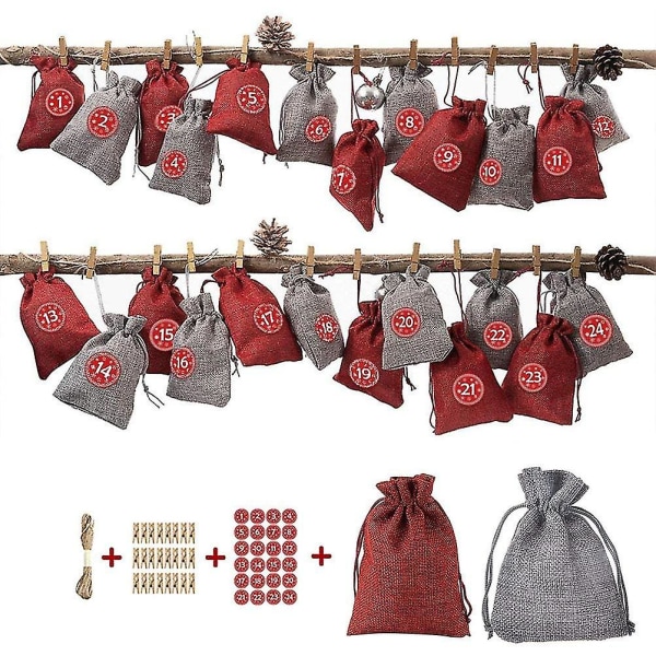 Adventskalender til at fylde, 24 filtposer og stofposer til julepynt