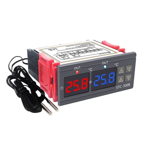 Digital temperaturregulator 220v dobbeltrelæ med 2 sensorer temperatursonder Stc-3008 Kølevarmeregulator inkubator (FMY)