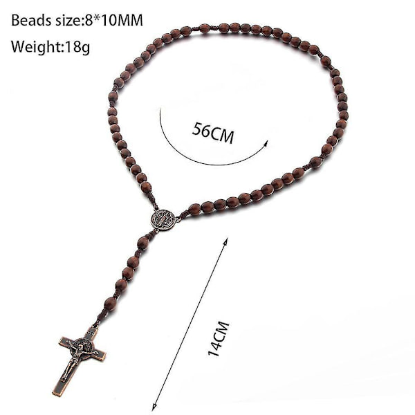 Katolsk kors rosenkrans halsband, naturliga träbönpärlor med medaljongkors (FMY) Dark Brown