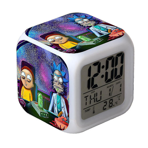 Rick ja Morty -sarjakuvatyyppiset opiskelijat mykistävät yövalon LED-värimuutosfunktion Sarjakuva värikäs herätyskello Syntymäpäivälahja [XH]  (FMY)