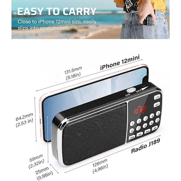 Liten Radio med Bluetooth, Bärbar Radio med Djup Bas, Digital Radio med Uppladdningsbart Batteri, LED-ficklampa