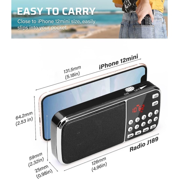 Liten radio med Bluetooth, bärbar radio med kraftiga bashögtalare, digitalradio med uppladdningsbart batteri, led ficklampa