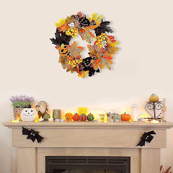 Halloween-krans med LED-lys og oppheng, høstkrans til inngangsdøren, Halloween-dekorasjon til hjemmet, Thanksgiving-dekorasjon, lønn (FMY)