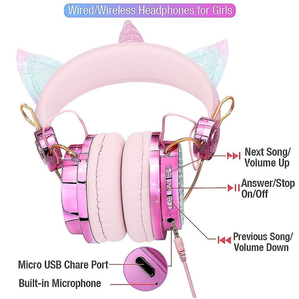 Trådlösa hörlurar för barn Unicorn-hörlurar med justerbart pannband (roséguld) (FMY)