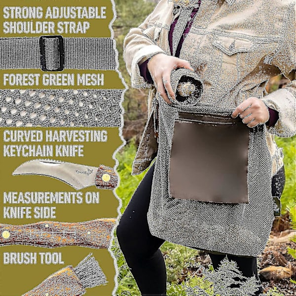 Svampejagt Foraging Taske, Mesh Pose Høsttaske Sammenklappelig Frugtindsamling Plukning Svampekurv-Yvan  (FMY) Khaki