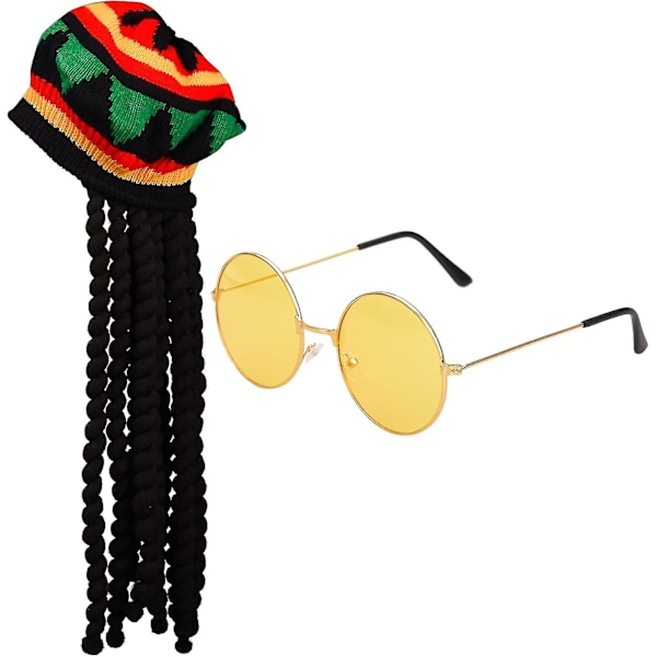 2 Pakkaa Rasta-setti: Rasta-hattu Mustalla Dreadlock-peruukilla ja Keltaisilla Lasilla Karibian Fantasiapuvun Asusteeksi (FMY)