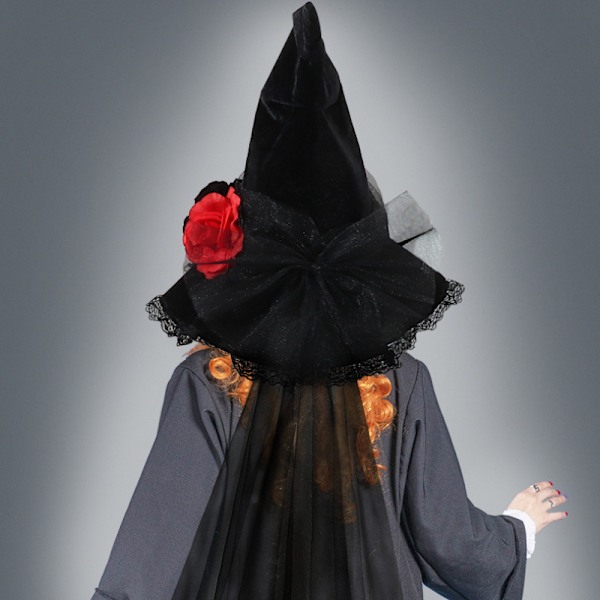 Gotisk Hexe Dronning Hat - Ekstravagant Sort Blonder, Delikate Blomsterdetaljer, Håndvaskbar Stof, Perfekt til Halloween Kostumer, Cosplay og T (FMY) Witch hat