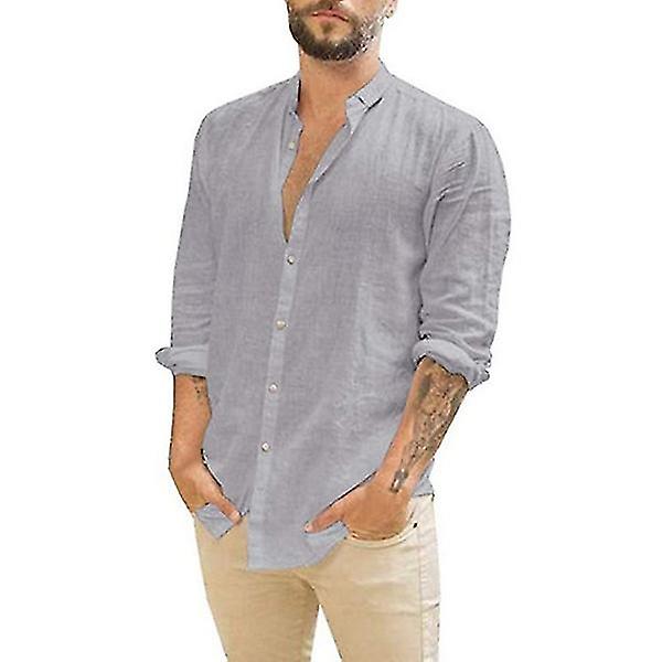 Skjorter med lange armer i lin Button Down sommerskjorter for menn (FMY) grey 2XL