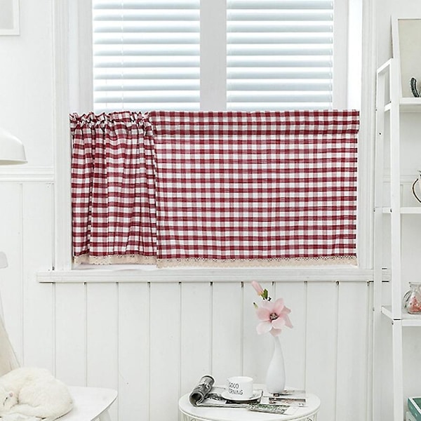 Keittiön ikkunan ruudullinen lyhyt verho pitsiverho läpi tangon verho verhoilu sisustus  (FMY) Wine Red 130*41cm