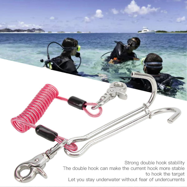 Dobbelt Reef Hook Drift Hook 316 Rustfrit Stål Dobbelt Reef Hook Dykkerudstyr med Spiral Coil Lanyard til Undervandsaktiviteter [Rose] (FMY)