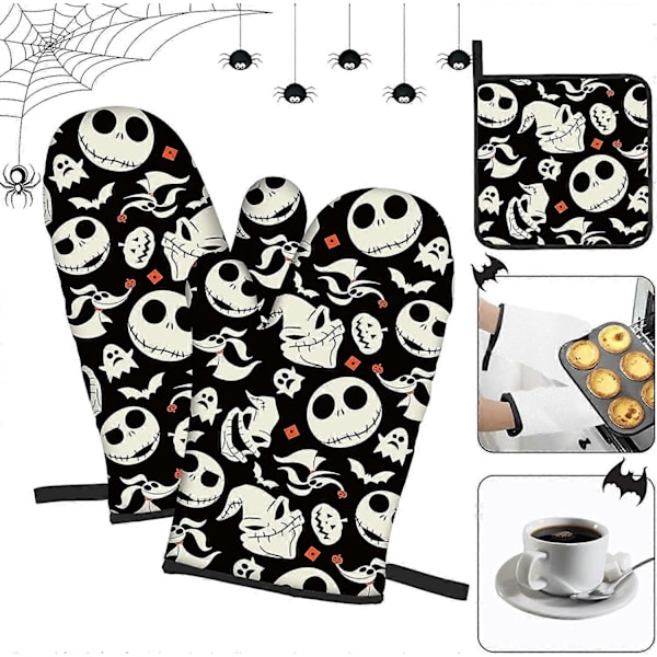 Halloween Ugnsvantar och Grytlappsset Julkök Värmebeständiga Halksäkra Ugnshandskar för Säker Grillning Matlagning Bakning (FMY) Halloween-01