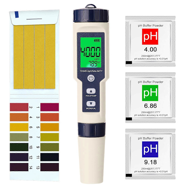 5 i 1 Professionell Multi-parameter Combo Testmätare PH/EC/TDS/Salthalt/Termometer Digital Multifunktionell Vattenkvalitetstestare (FMY)