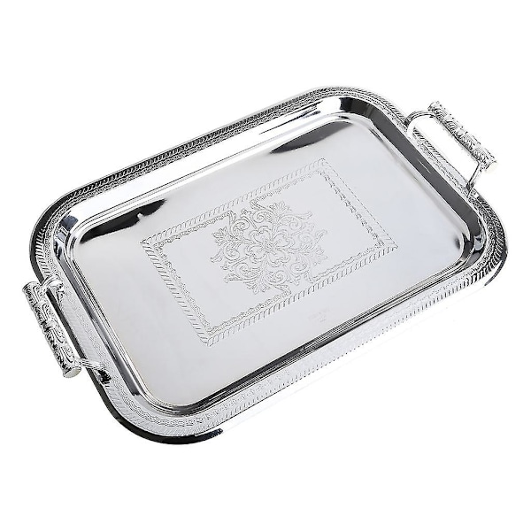 Nordisk Serveringsbricka i Rostfritt Stål med Handtag Elegant Rektangulär Kaffebar Mat Hållare Dessert Display Tallrik Dekor (FMY) Silver S