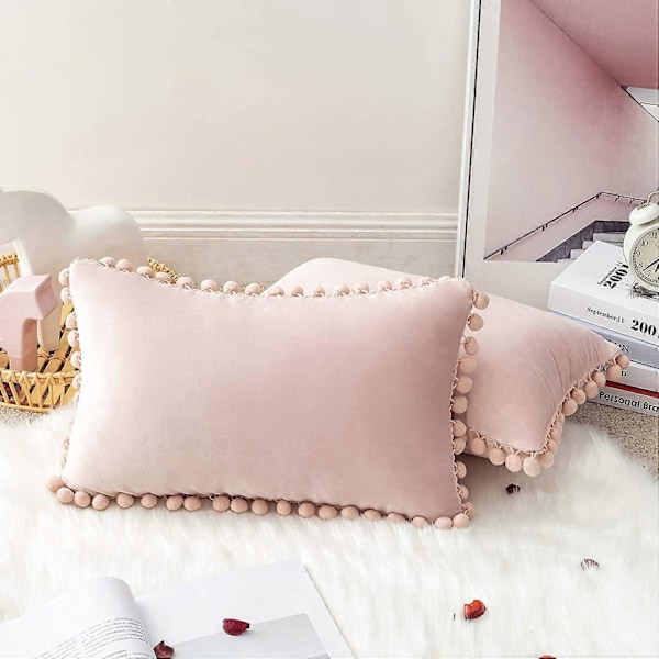 Set med 2 Fyrkantiga Mjuka Sammetskuddfodral med Pompoms Hem Dekorativa Örngott för Vardagsrum Soffa Sovrum 30x50cm Rosa (FMY)