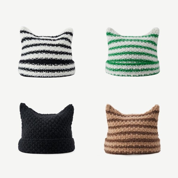 Paholaisen sarvihattu Pieni paholainen Hat Cat Ear Beanie Skullies Beanie Striped Knit Hat  (FMY) Green stripes