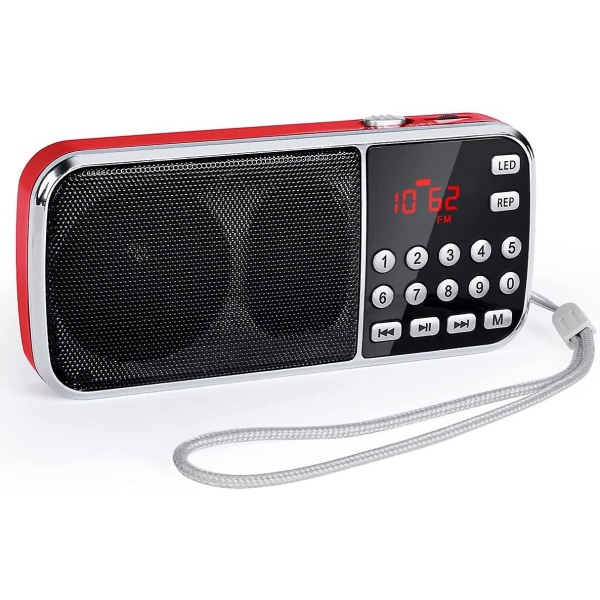 Liten radio med Bluetooth, bärbar radio med kraftiga bashögtalare, digitalradio med uppladdningsbart batteri, led ficklampa