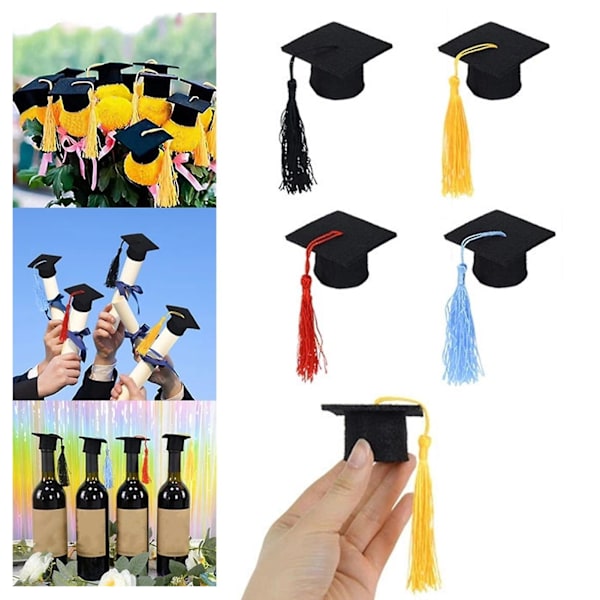 20 stk. Mini-bachelorhatt i filt med dusker til feiringer, vinflasketopper for graduering, festartikler for graduering (FMY) Black One Size