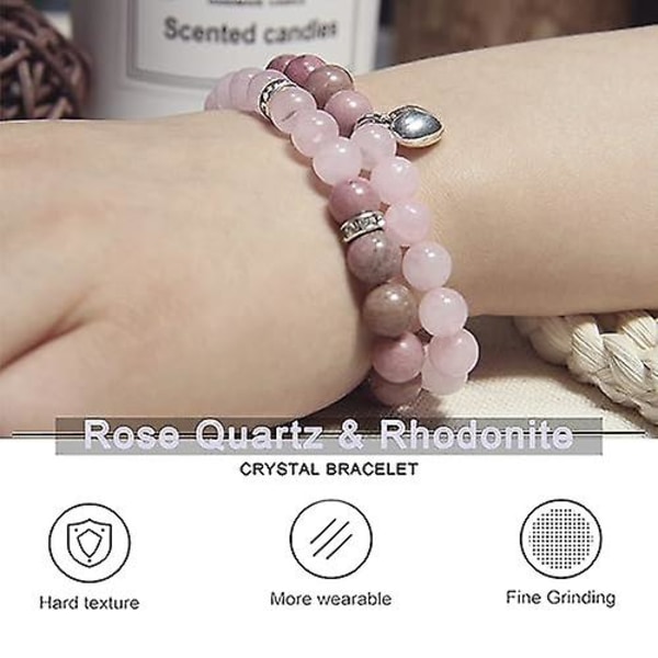 Helbredende Armbånd Til Kvinder - Rosakvarts & Rhodonit Armbånd - Helbredende Bønner Krystal Armbånd, 8mm Natursten Anti (FMY)