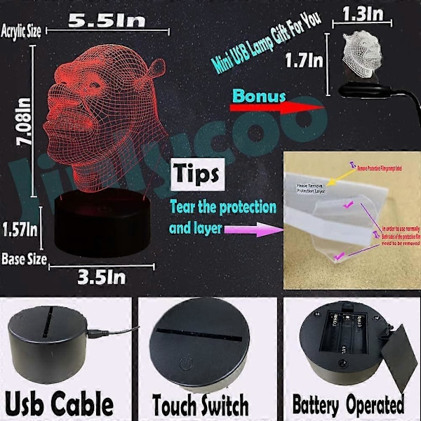 SBSG Shrek 3D LED Nattlys Tegneserie Den Grønne Monster Filmfigur USB Berøring Fjernkontroll 16 Farger 4 Moduser Optisk Illusjon Sengelampe (FMY)