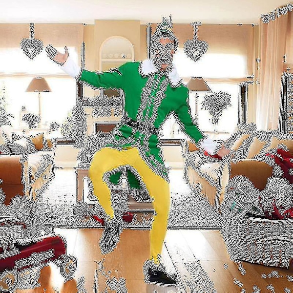 Buddy Elf-kostym för jul med byxor, jacka, skor, hatt och bälte - Andningsbart outfit för män, pojkar - Bekvämt (FMY) M