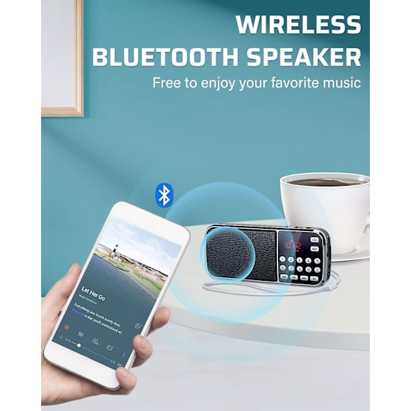 Liten Radio med Bluetooth, Bärbar Radio med Djup Bas, Digital Radio med Uppladdningsbart Batteri, LED-ficklampa
