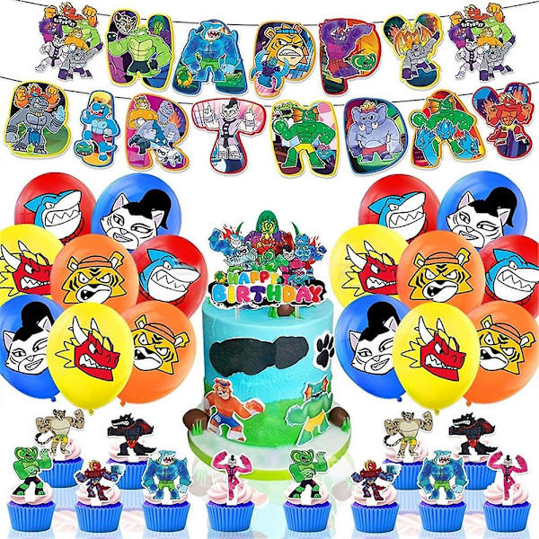 Goo Jit Zu Heroes -teemaisen syntymäpäiväjuhlatarvikkeet, sisältää bannerin, kakun ja cupcake-koristeet, ilmapalloja ja koristeita (FMY)