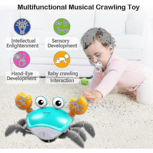 Krypende krabbe-babyleke med musikk og LED-lys, magetidsleker vil automatisk unngå hindringer som veileder babyen til å krype  (FMY)
