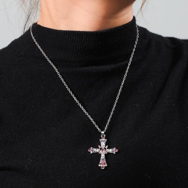 Gotiskt Korshänge Halsband Lila och Rosa Utsökt Rhinestone Kristna Halsband för Kvinnor Bön Amulett Smycken (FMY)