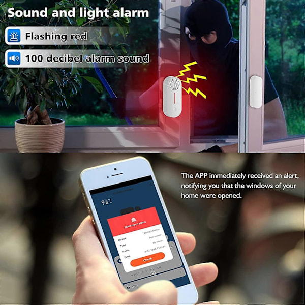 WiFi Ovi- ja ikkuna-hälytin, 100dB sireeni, Tuya App -kaukosäädin, Ajastettu aktivointi/poiskytkentä, Säädettävä äänenvoimakkuus, Langaton kodin hälytin (FMY)