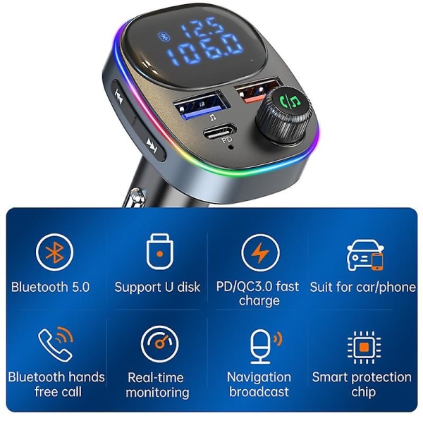 Led Digital Display Bil Bluetooth 5.0 Fm-sändare Pd 3.0 + Qc 3.0 Snabbladdare Radiomusikadapter (FMY)