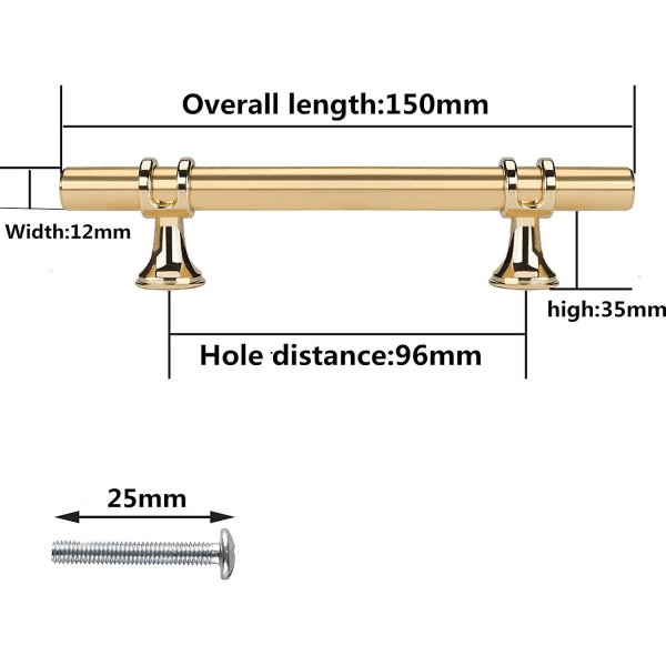 Sett med 6 møbelhåndtak Kjøkkenmøbelhåndtak Gullhåndtak - Gullkjøkkenhåndtak Sinklegering Skuffhåndtak Senteravstand 96mm  (FMY)