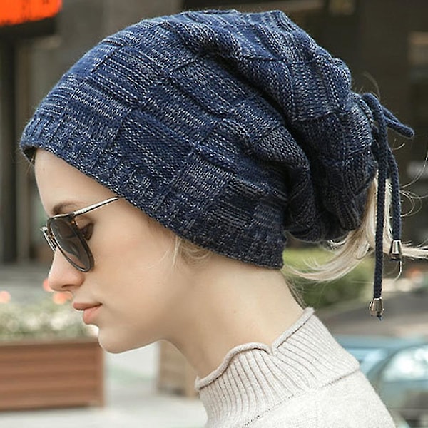 Kvinnors Slouch Beanie Lace Up Bun Ponytail Hat Vinter Baggy Skull Cap Varm Casual Balaclava Skid Snow Caps  (FMY) Navy Blue