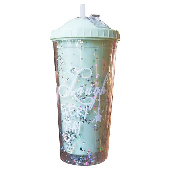 550ml Regnbåge Plast Vattenflaska Dubbla Lager Paljetter Drickskopp med Sugrör (FMY) 11 (flat cover light pink)