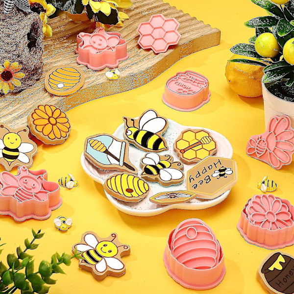 16 stk Bie-Kakeutstekere med Stempler Sett Mini Bie Honningkake Kake Stempler 3D Plast Kjeksform Fondant Kake Stempler for Kjeks (FMY)