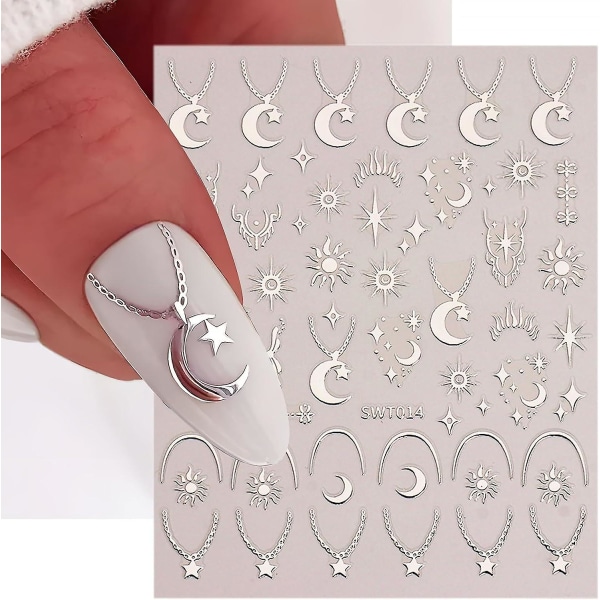 6 ark selvklebende neglekunstklistremerker Star Moon Sun Gull Sølvfoliedekaler (FMY)