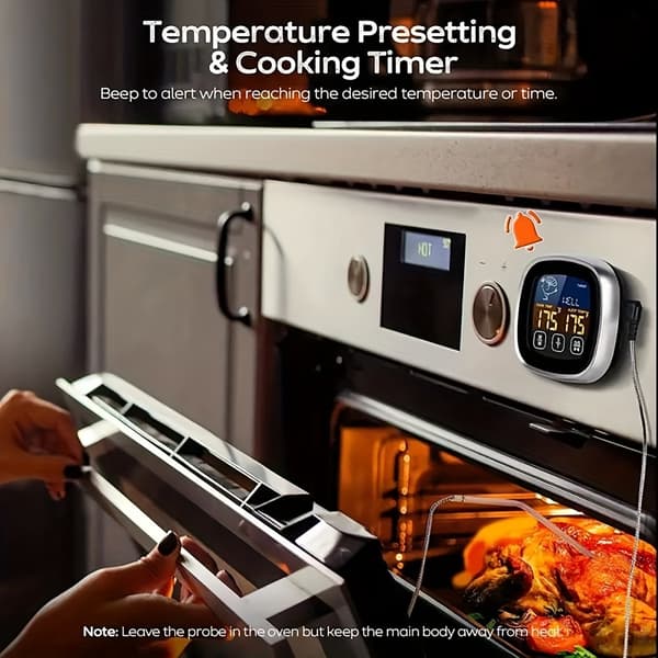 HOTU Kötttermometer, Digital Grillkötttermometer, Stor Pekskärm Grillmatstermometer med Klocktimer, Termometer med Sond (FMY) Black