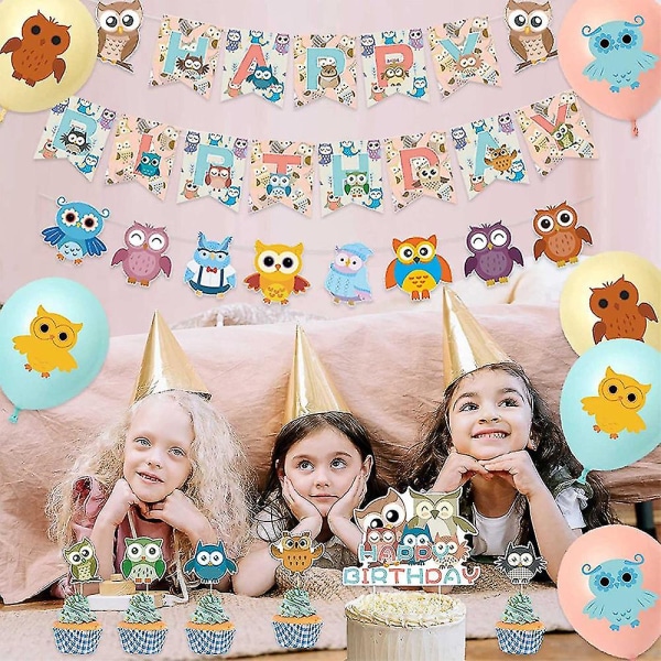 Ugglatema Barn Födelsedagsfest Dekoration Banner Ballong Cupcake Cake Toppers Set (FMY)