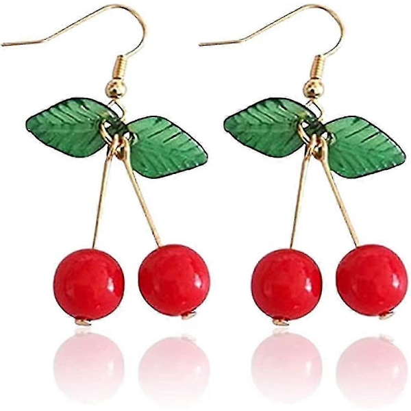 18k Gold Plated Sweety Fruit Green Leaf Red Cherry Charm Women Girls Dangle Earring - -  (FMY)