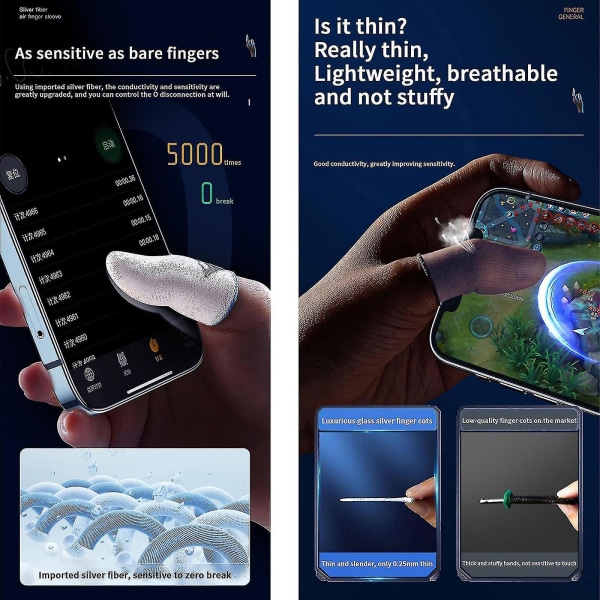 Gaming Finger Sleeves Kompatible - til mobilspil 0,25 mm Glas Sølv Fiber Sømløs Tommelfinger Fingerspids Cover Til Pubg/cod/lol/ros (FMY) Black 1 Pair-Storage Box