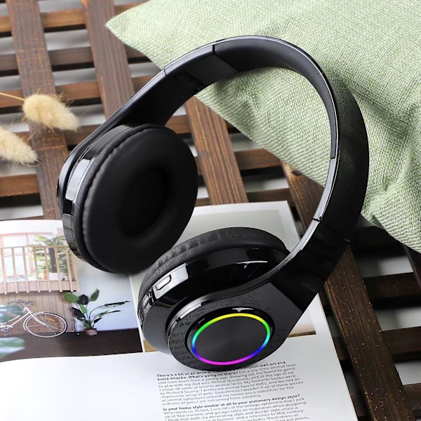 B39 Trådlösa Hörlurar Vikbara Färgglada Andningslampor Stöd för TF-kort Bluetooth 5.0 Stereo Tung Bas Hörlurar för Spel (FMY) Black Red