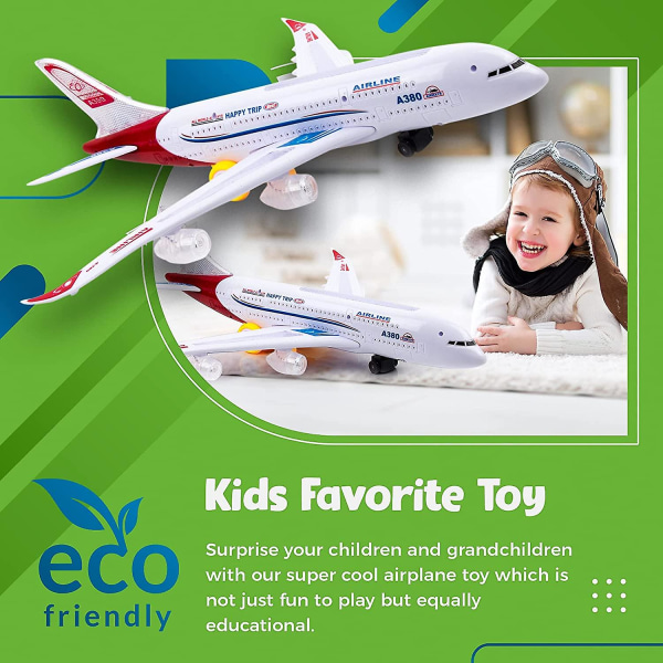 Lentokonelelut lapsille, Bump And Go -toiminta, toddler lelulentokone LED-vilkkuvaloilla ja -äänillä 3–12-vuotiaille pojille ja tytöille (airbus A380) (FMY)